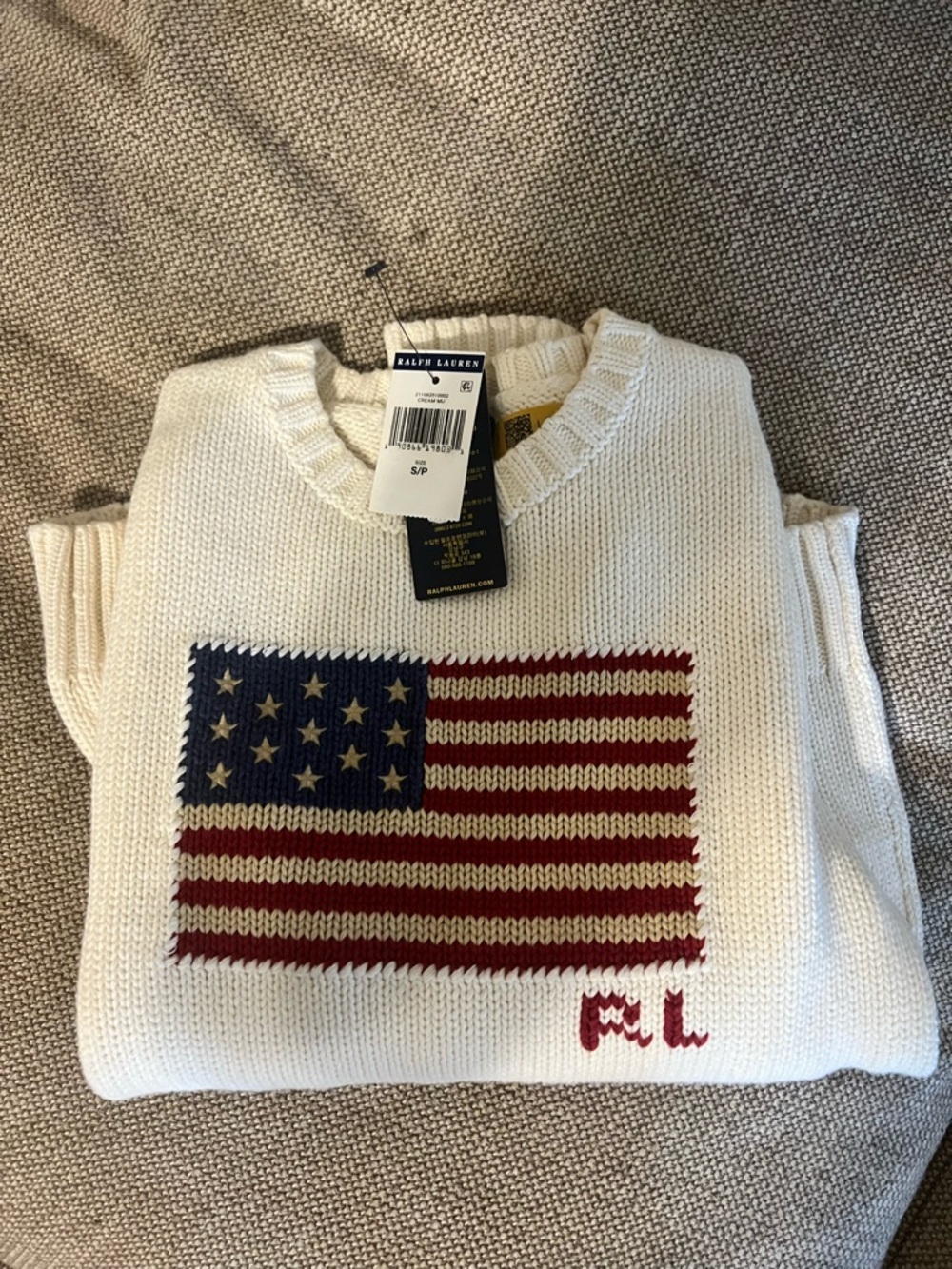 Polo by Ralph Lauren Cream Crewneck Sweater with Red & Blue Flag